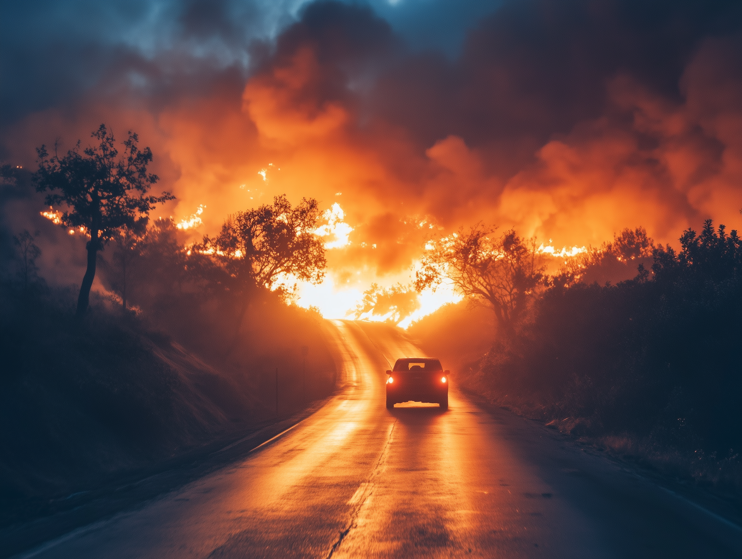 California hills on fire with car driving into fire and smoke