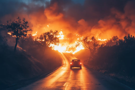 California hills on fire with car driving into fire and smoke