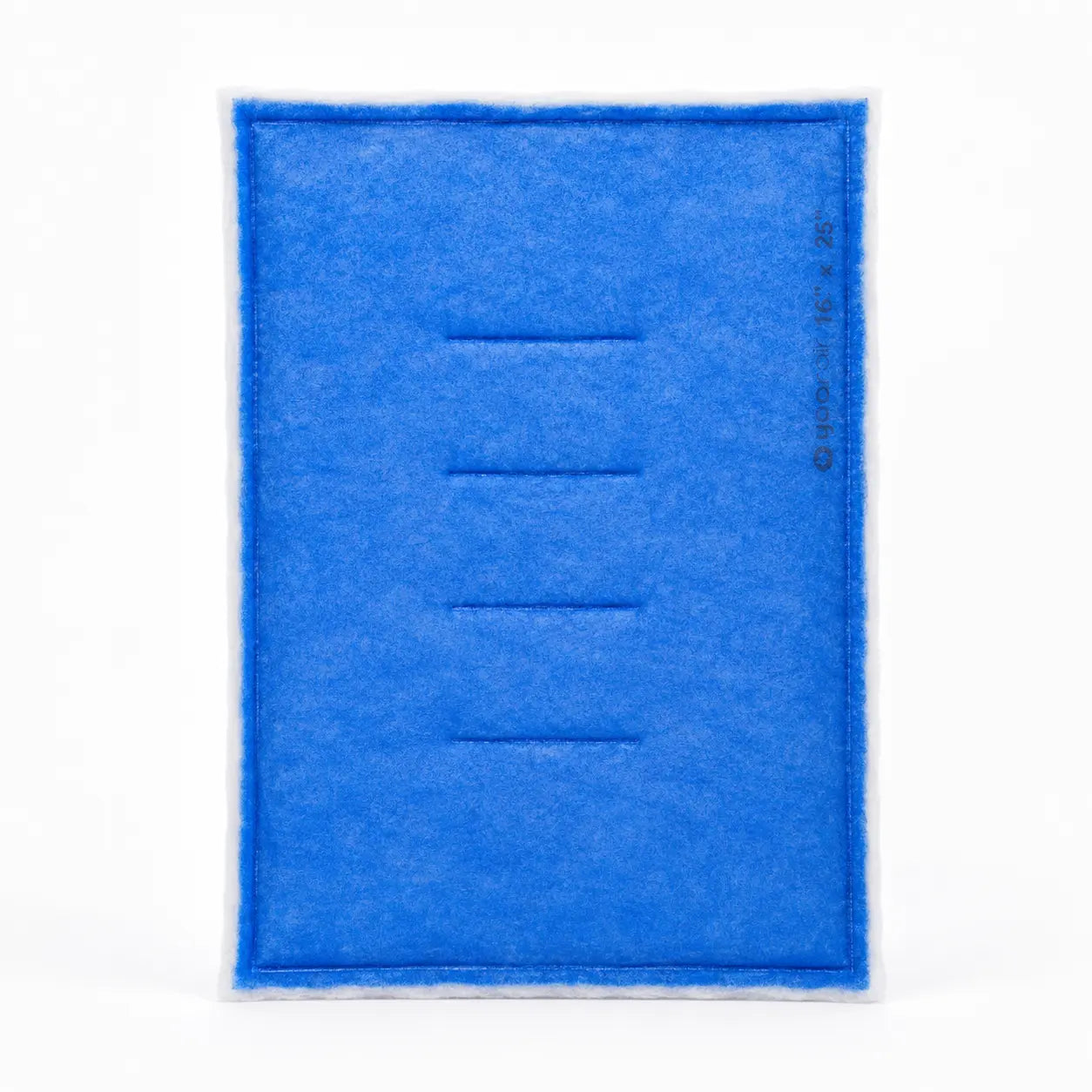 A rectangular blue felt filter element with four horizontal stitched channels and a small printed specification on the right edge, shown against a plain white background.