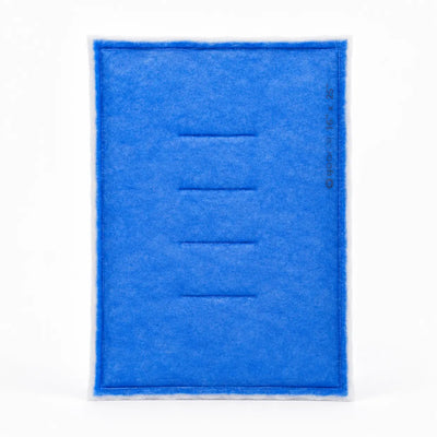A rectangular blue felt filter element with four horizontal stitched channels and a small printed specification on the right edge, shown against a plain white background.