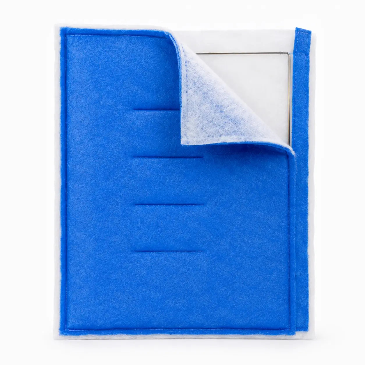 A blue felt pocket card holder or document organizer with a white backing, shown on a plain white background with one corner folded over.